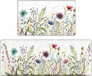 Bulijojo Wildflower Floral Anti Fatigue Kitchen Floor Mats Set of 2 Waterproof Kitchen Sink Runner Rug Standing Mat Cushioned Kitchen Rugs Comfort Doormat 17"x47" 17" x30“