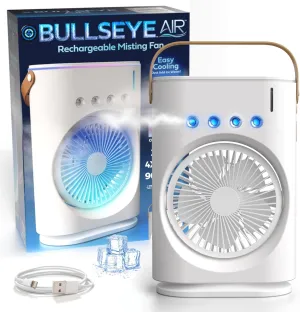 BULLSEYE AIR Rechargeable Misting Fan Portable Evaporative Air Cooler, Oscillating Portable Cooling Fans that Blows Cold Air with Ice for Outdoors, Travel, Desk, Camping, 3 Mist Jets, Color Changing