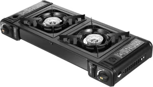 Butane Camping Stove, Portable 2-Burner Butane Stove with Grill Plate and Carrying Case, Auto Ignition Camping Burner LPG for RV, Apartments, Outdoor