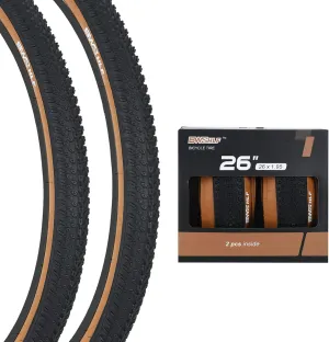BWSHLF Replacement Mountain Bike Tires, 20/24/26/27.5/29Inch Size, 2 Pack Black Folding MTB Bicycle Tire, Black/Brown Side