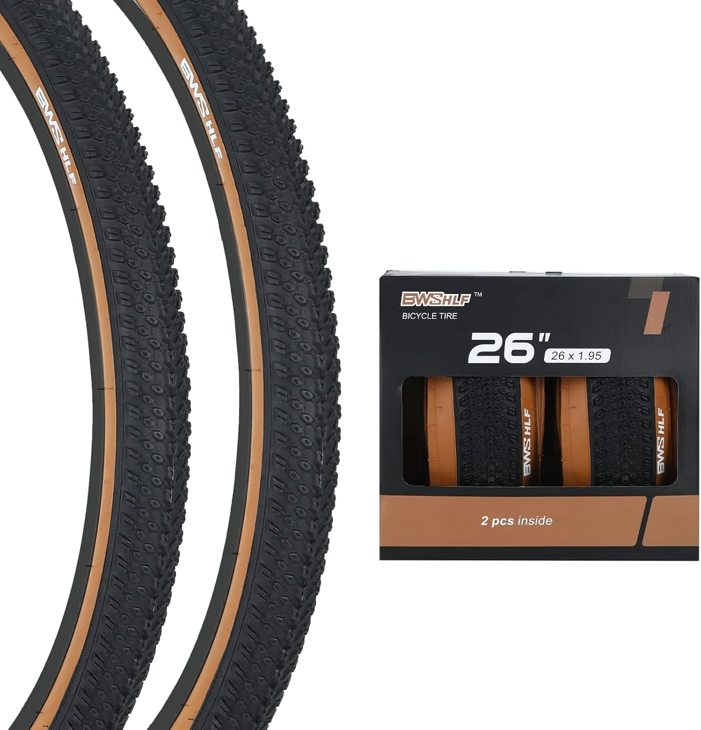 BWSHLF Replacement Mountain Bike Tires, 20/24/26/27.5/29Inch Size, 2 Pack Black Folding MTB Bicycle Tire, Black/Brown Side