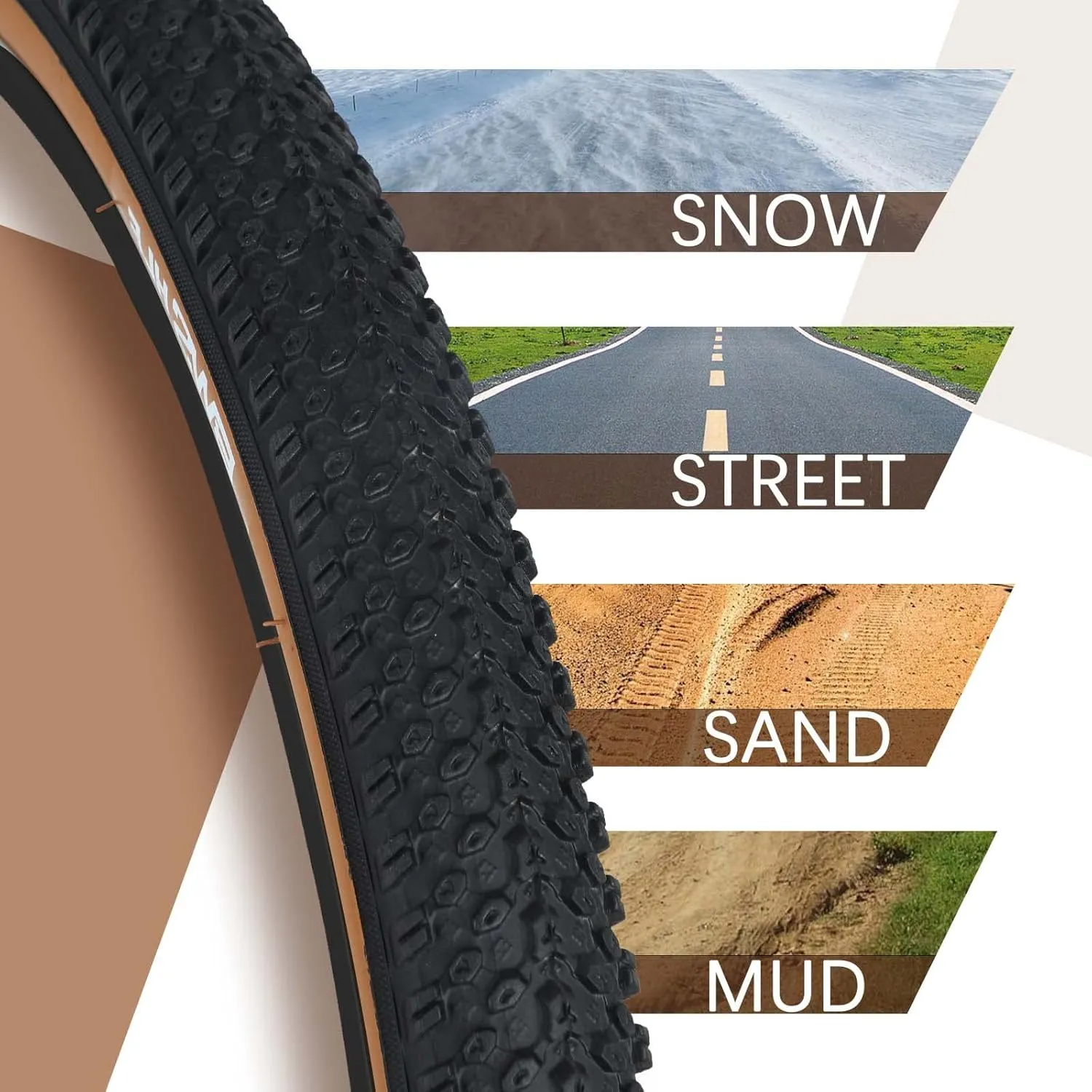 BWSHLF Replacement Mountain Bike Tires, 20/24/26/27.5/29Inch Size, 2 Pack Black Folding MTB Bicycle Tire, Black/Brown Side