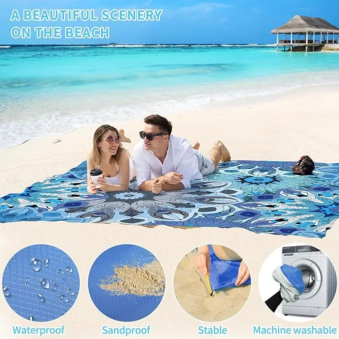 BYDOLL Beach Blanket Sandproof Waterproof 78''×110'' 1-7 Adults Compact Lightweight Oversized Beach Blanket Large Picnic Mat Beach Blanket for Travel Camping Hiking Picnic