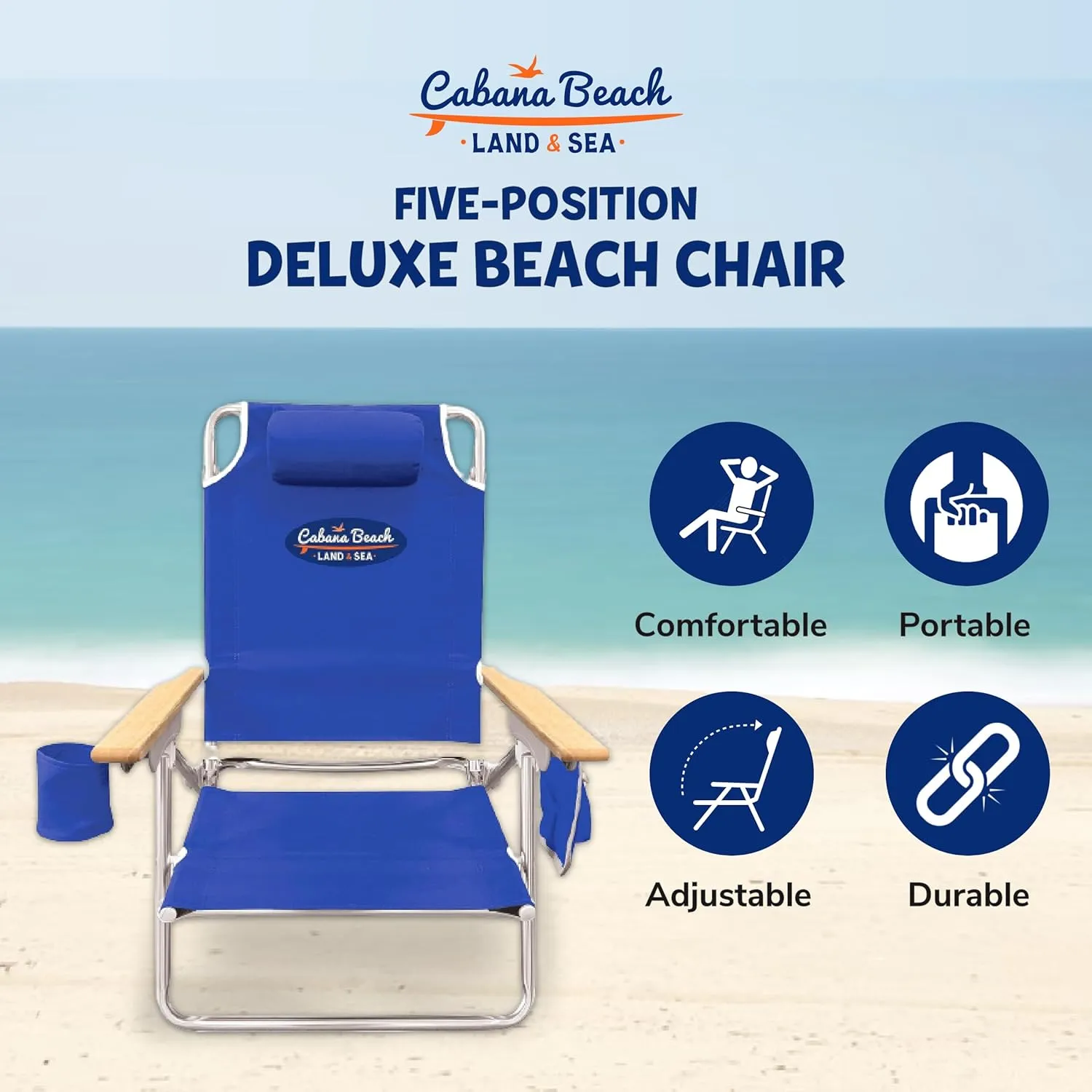 Cabana Beach Folding Beach Chair, 5 Position Lightweight, Portable Reclining Outdoor Camping Accessories with Headrest, Shoulder Strap, and Cup Holder, Blue