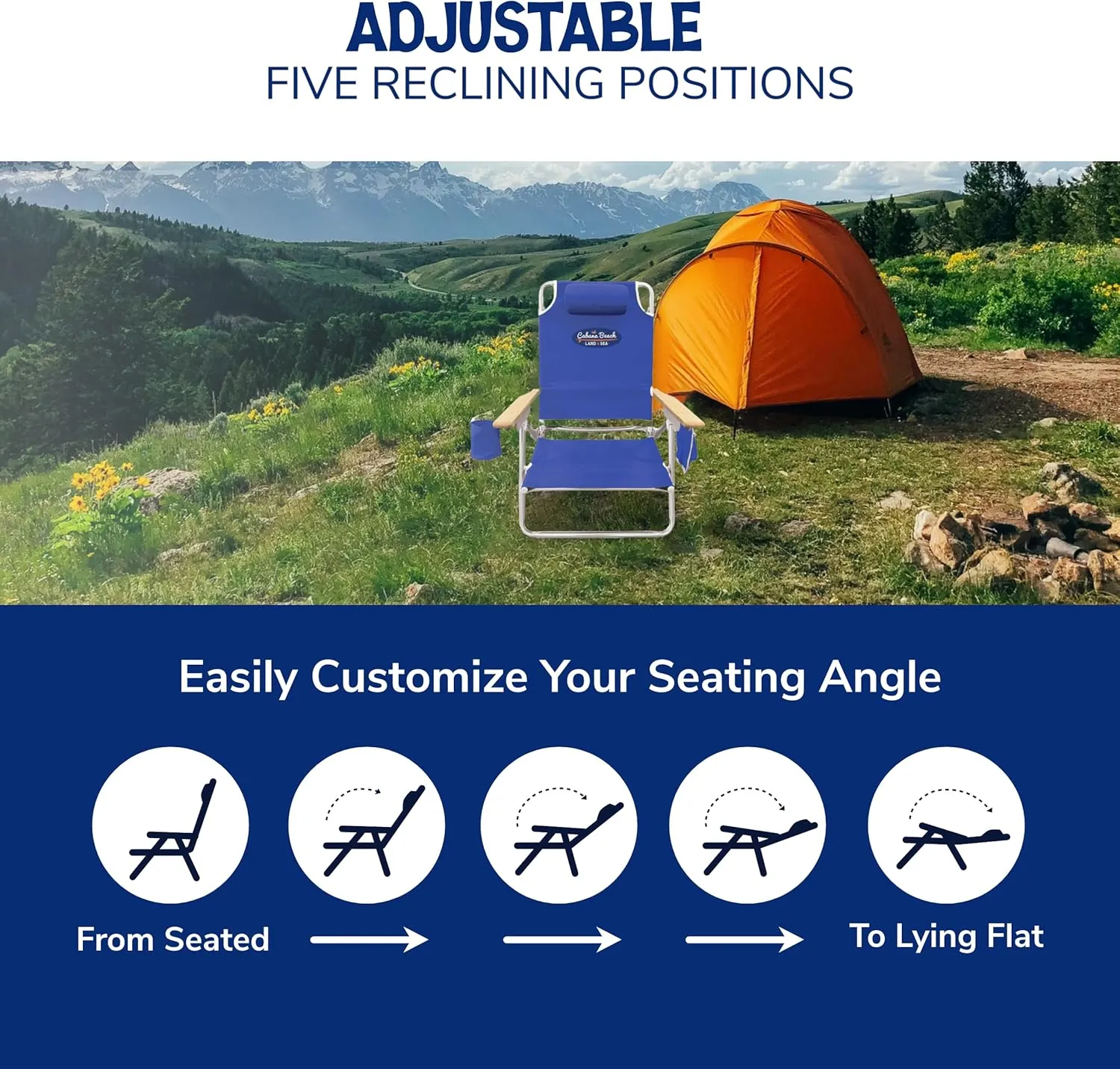 Cabana Beach Folding Beach Chair, 5 Position Lightweight, Portable Reclining Outdoor Camping Accessories with Headrest, Shoulder Strap, and Cup Holder, Blue