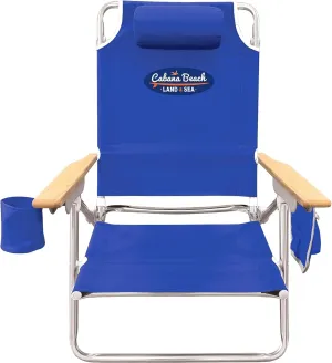 Cabana Beach Folding Beach Chair, 5 Position Lightweight, Portable Reclining Outdoor Camping Accessories with Headrest, Shoulder Strap, and Cup Holder, Blue