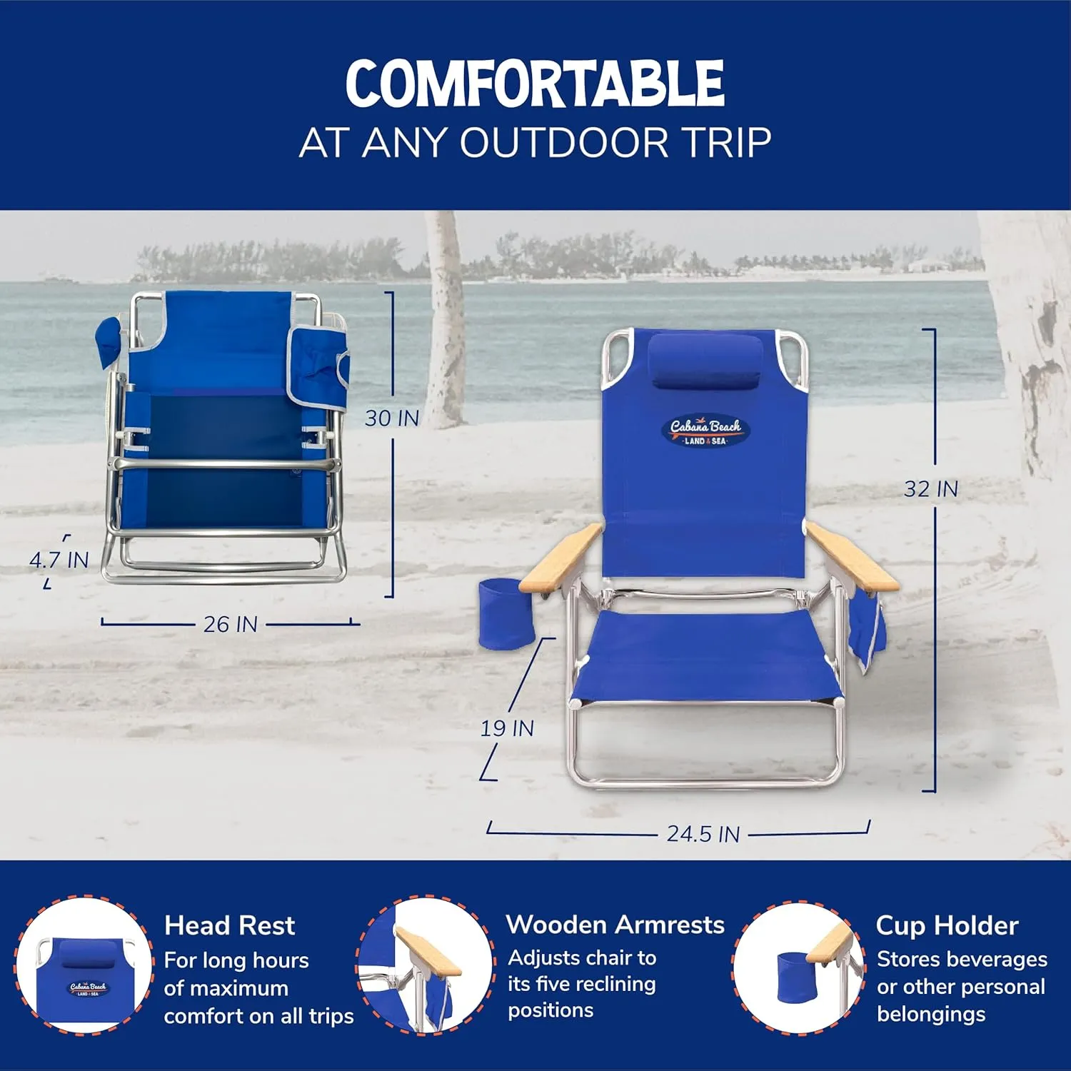 Cabana Beach Folding Beach Chair, 5 Position Lightweight, Portable Reclining Outdoor Camping Accessories with Headrest, Shoulder Strap, and Cup Holder, Blue