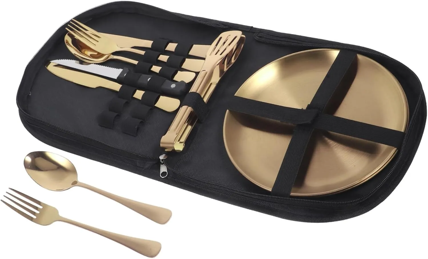 Cabilock 4-pc Stainless Steel Utensils Set Camping Hiking Travel Kit Portable Storage Bag for Outdoor Dining
