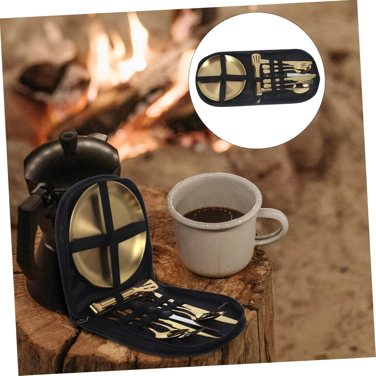 Cabilock 4-pc Stainless Steel Utensils Set Camping Hiking Travel Kit Portable Storage Bag for Outdoor Dining