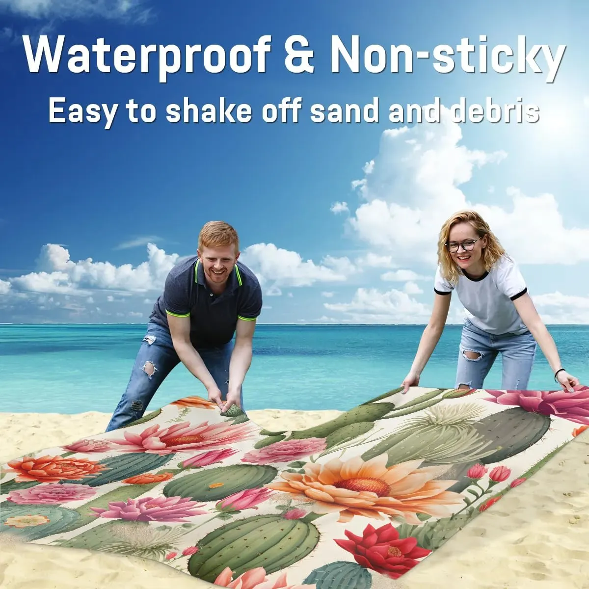 Cactus Beach Blanket, Sandproof Beach Mat, 68 x 59 Waterproof Quick Drying Sand Free Mat with 4 x Ground Spikes for Outdoor Travel Camping Hiking, Succulent Cactus Flower