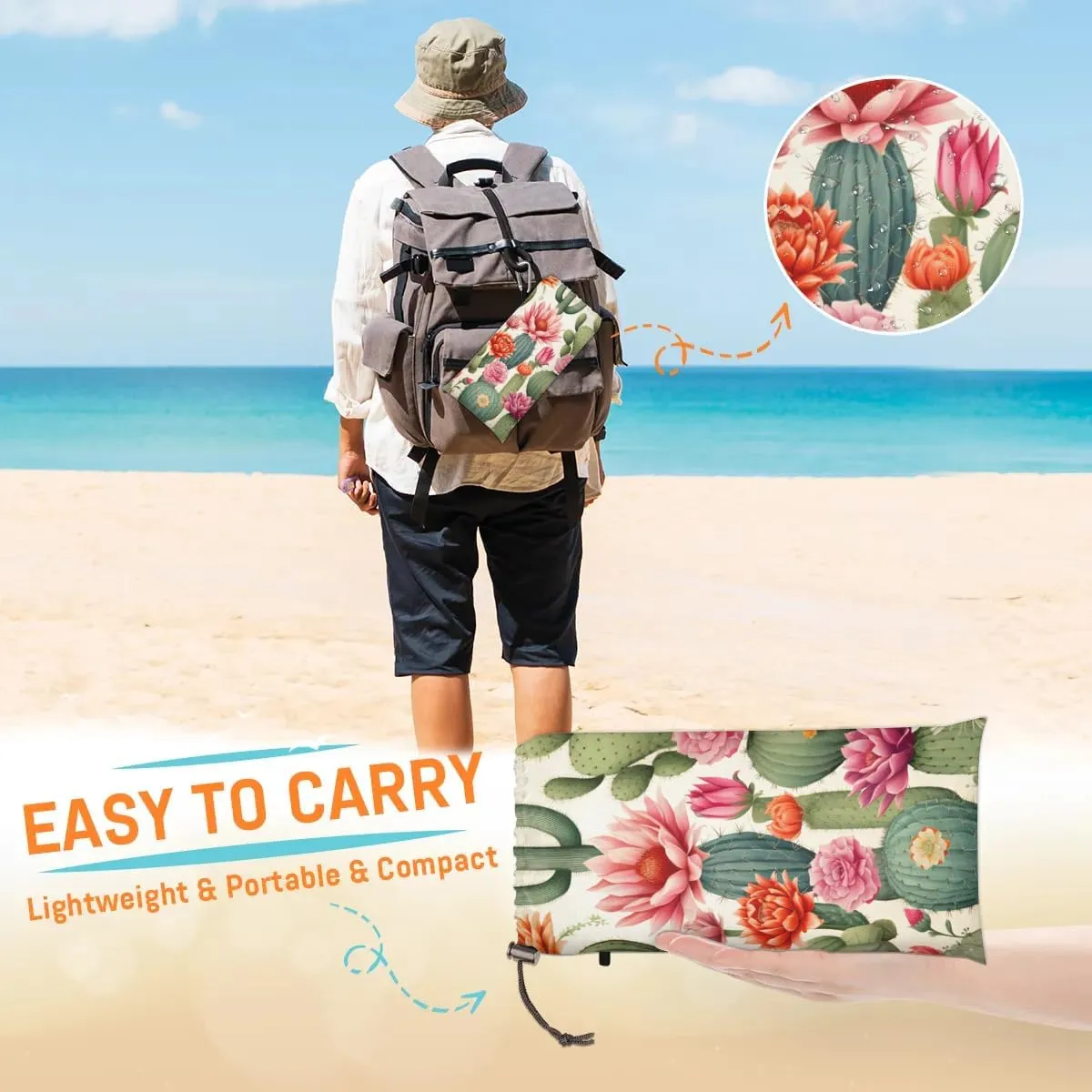 Cactus Beach Blanket, Sandproof Beach Mat, 68 x 59 Waterproof Quick Drying Sand Free Mat with 4 x Ground Spikes for Outdoor Travel Camping Hiking, Succulent Cactus Flower