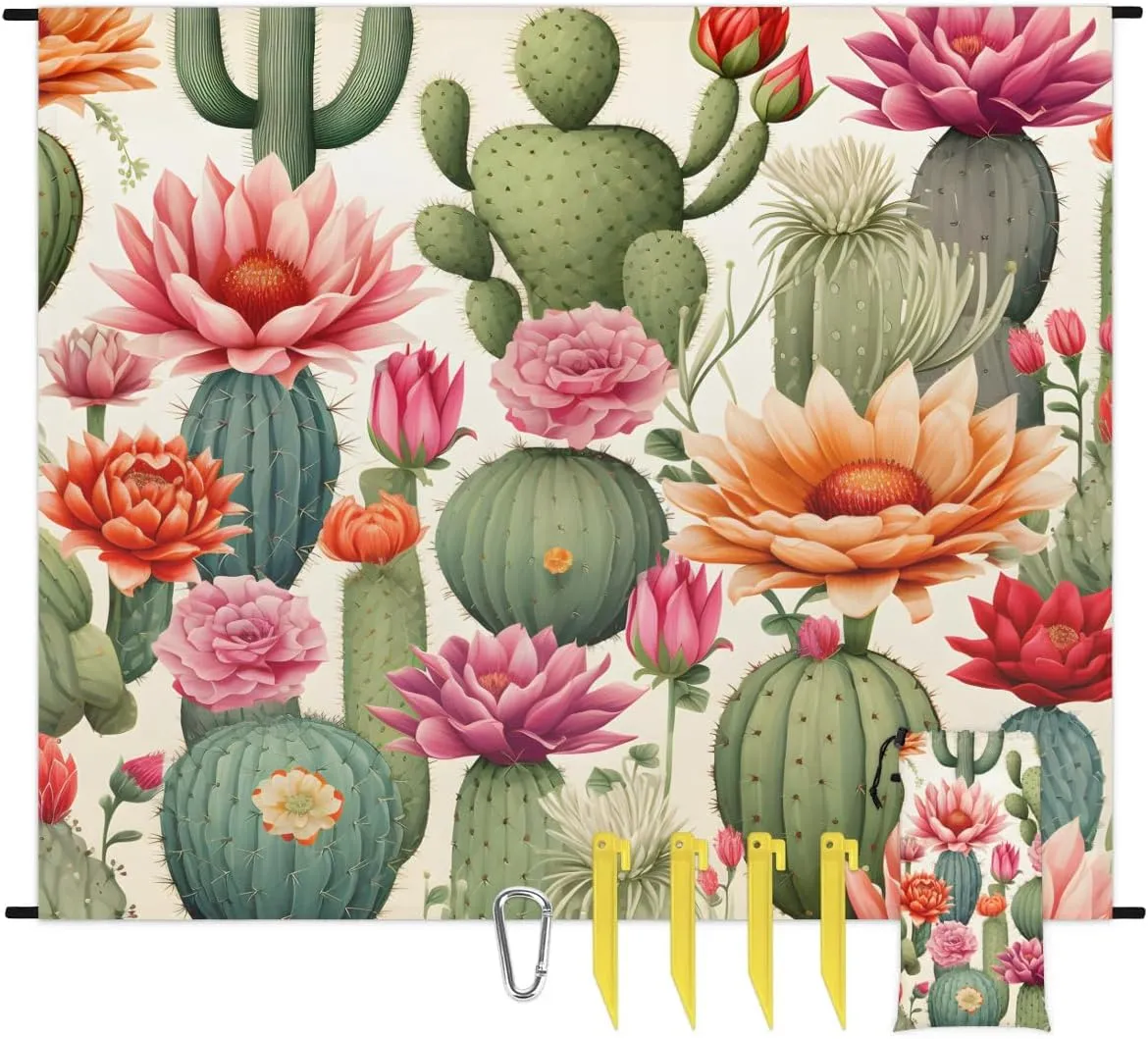 Cactus Beach Blanket, Sandproof Beach Mat, 68 x 59 Waterproof Quick Drying Sand Free Mat with 4 x Ground Spikes for Outdoor Travel Camping Hiking, Succulent Cactus Flower