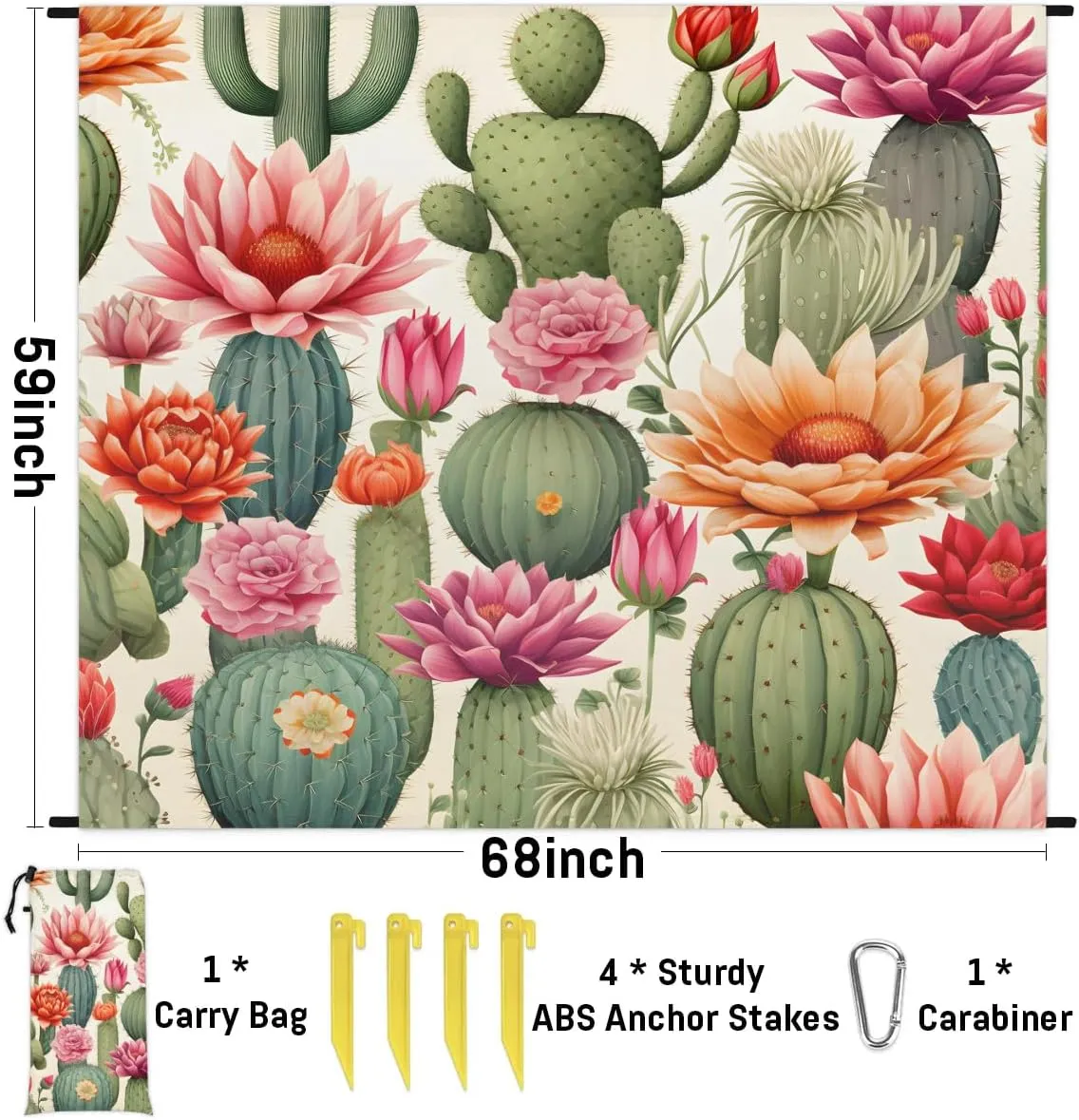 Cactus Beach Blanket, Sandproof Beach Mat, 68 x 59 Waterproof Quick Drying Sand Free Mat with 4 x Ground Spikes for Outdoor Travel Camping Hiking, Succulent Cactus Flower