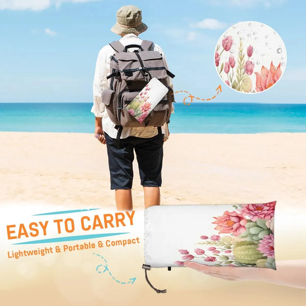 Cactus Beach Blanket, Sandproof Beach Mat, 68 x 59 Waterproof Quick Drying Sand Free Mat with 4 x Ground Spikes for Outdoor Travel Camping Hiking, Watercolor Cactus Plants