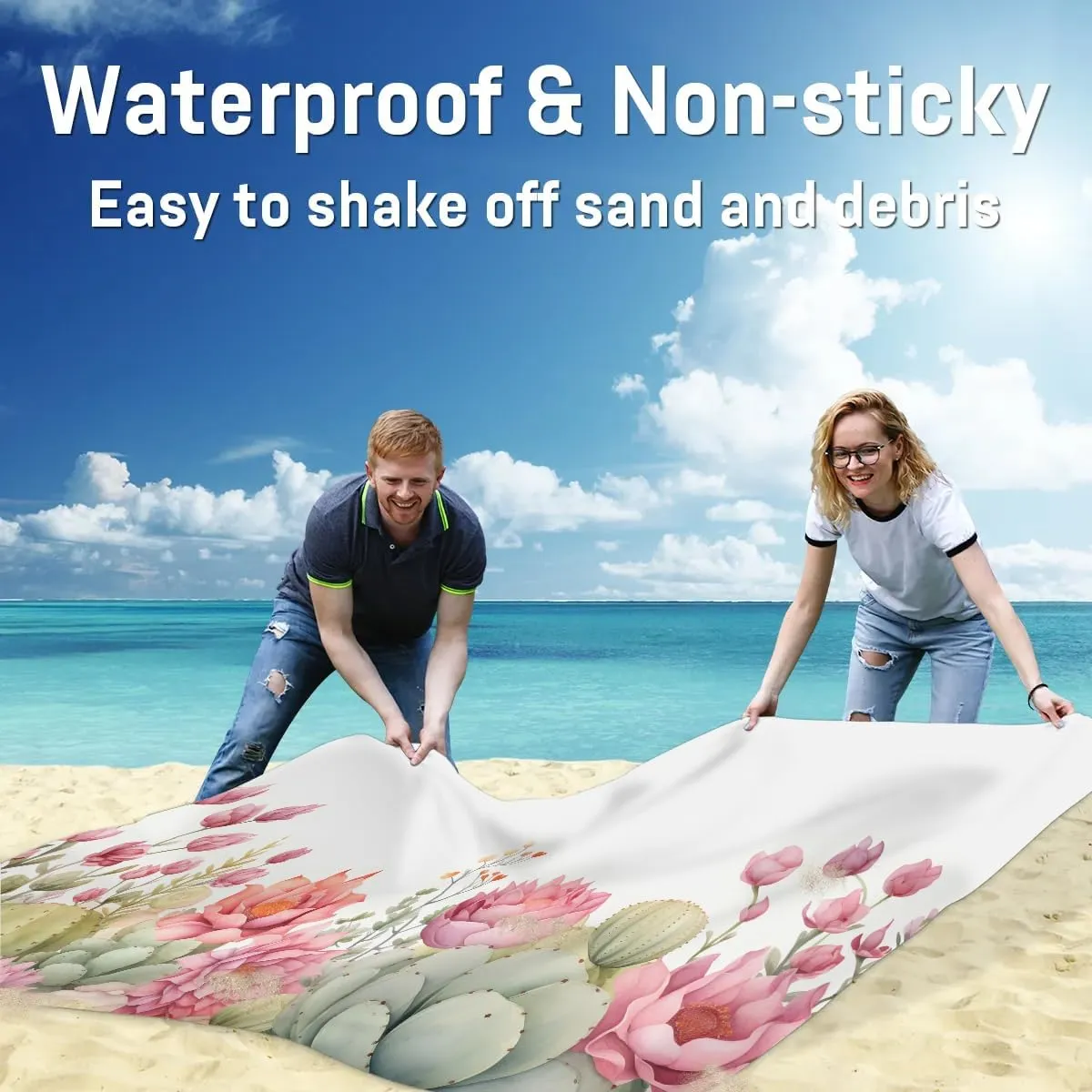 Cactus Beach Blanket, Sandproof Beach Mat, 68 x 59 Waterproof Quick Drying Sand Free Mat with 4 x Ground Spikes for Outdoor Travel Camping Hiking, Watercolor Cactus Plants