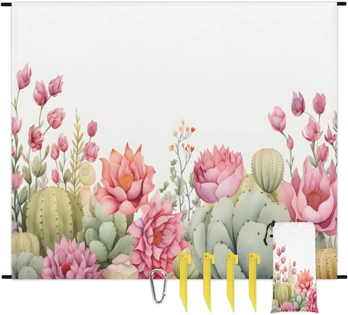 Cactus Beach Blanket, Sandproof Beach Mat, 68 x 59 Waterproof Quick Drying Sand Free Mat with 4 x Ground Spikes for Outdoor Travel Camping Hiking, Watercolor Cactus Plants