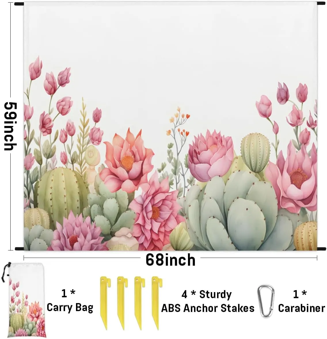 Cactus Beach Blanket, Sandproof Beach Mat, 68 x 59 Waterproof Quick Drying Sand Free Mat with 4 x Ground Spikes for Outdoor Travel Camping Hiking, Watercolor Cactus Plants