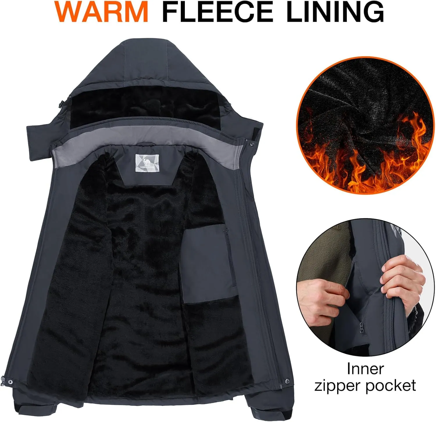 CAMEL CROWN Men's Mountain Ski Snow Jacket Waterproof Winter Coat Snowboarding Windbreaker Windproof Warm Hooded Snow Coat