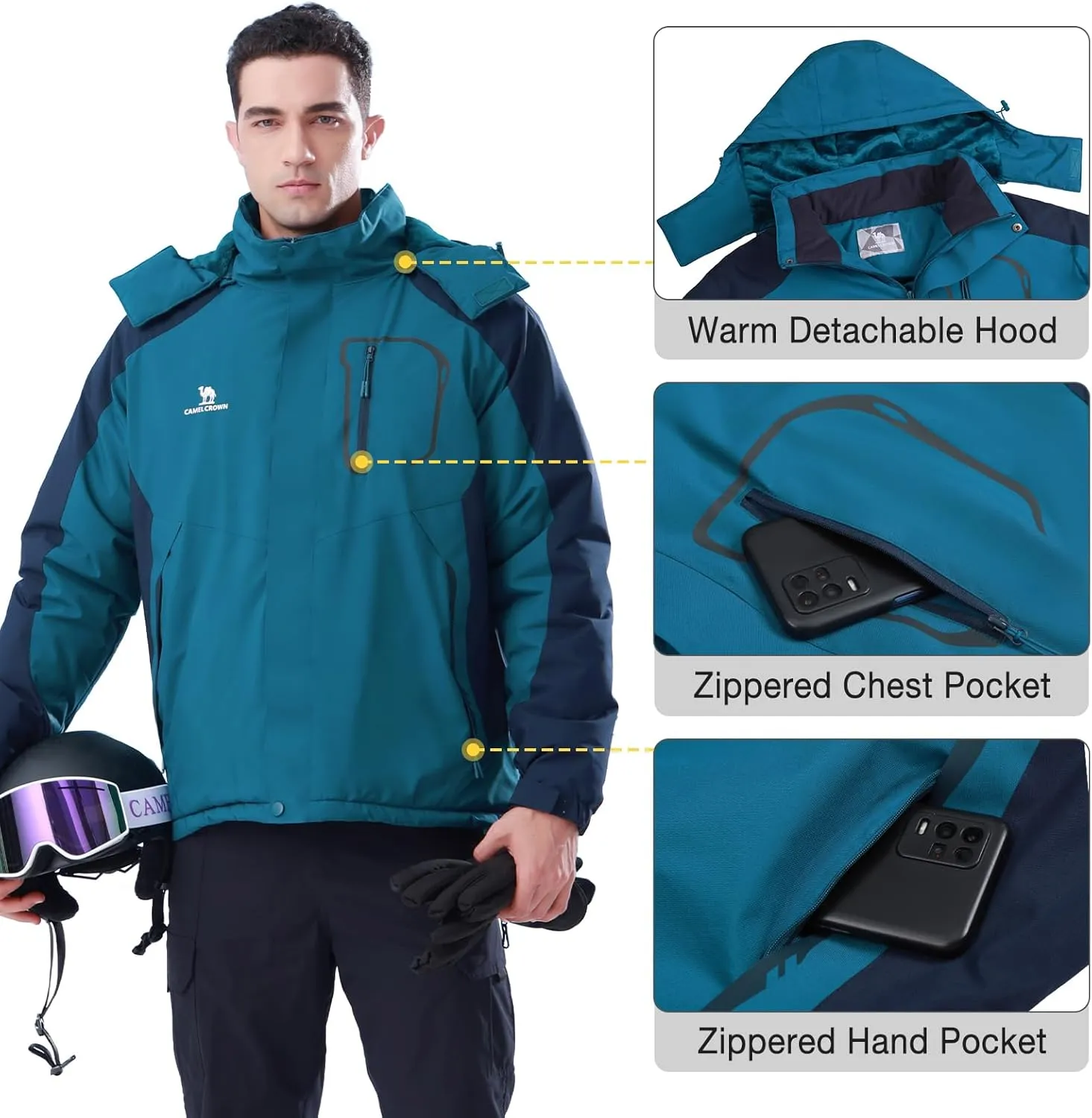 CAMEL CROWN Men's Ski Snow Jacket Waterproof Winter Snow Coat Windproof Warm Fleece Lining Hooded Parka Rain Jacket