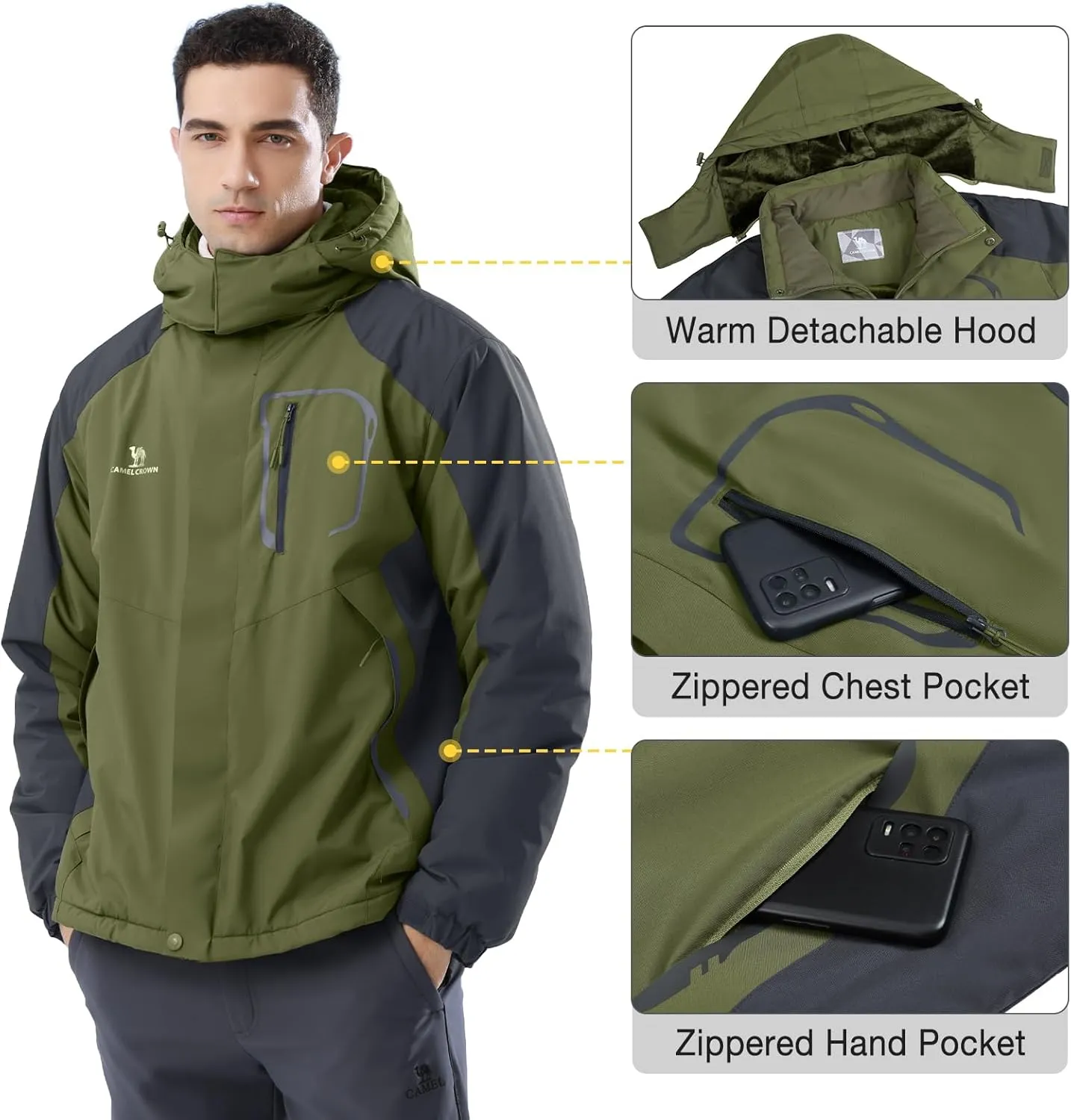 CAMEL CROWN Men's Ski Snow Jacket Waterproof Winter Snow Coat Windproof Warm Fleece Lining Hooded Parka Rain Jacket