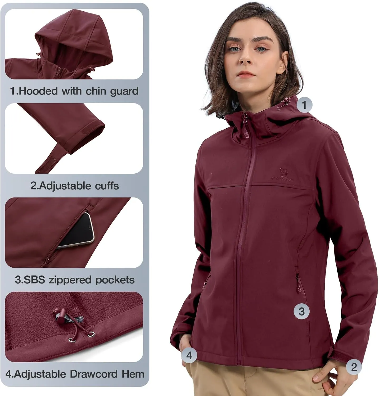 CAMEL CROWN Womens Fleece Lined Softshell Jacket Hooded Waterproof Windproof Lightweight Insulated Winbreaker Hiking Camping