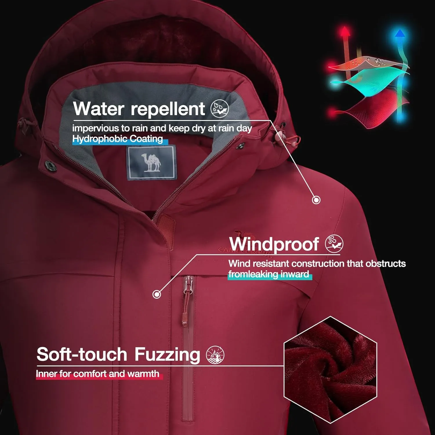 CAMEL CROWN Women's Ski Jacket Waterproof Winter Mountain Coat Warm Fleece Windbreaker Hooded Raincoat Snowboarding Jackets