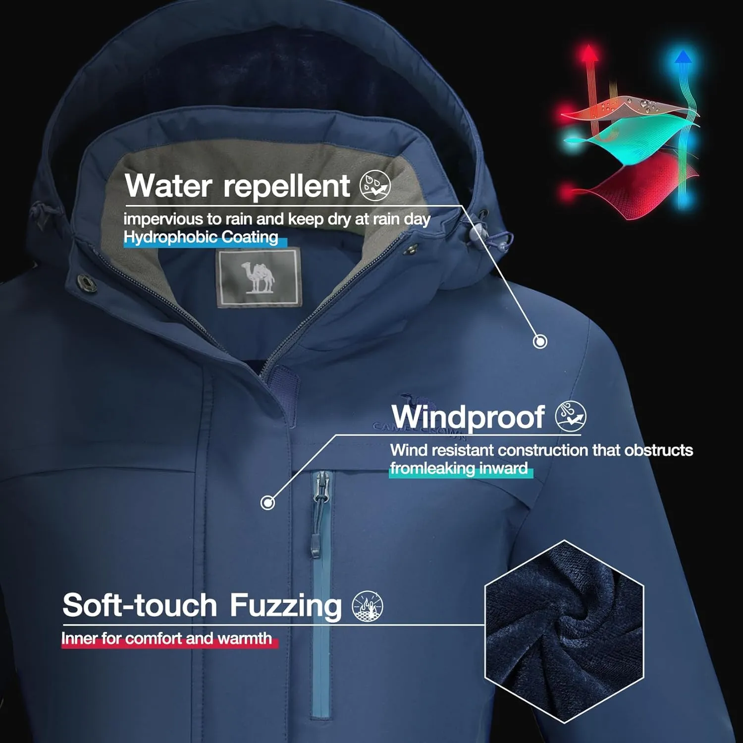 CAMEL CROWN Women's Ski Jacket Waterproof Winter Mountain Coat Warm Fleece Windbreaker Hooded Raincoat Snowboarding Jackets