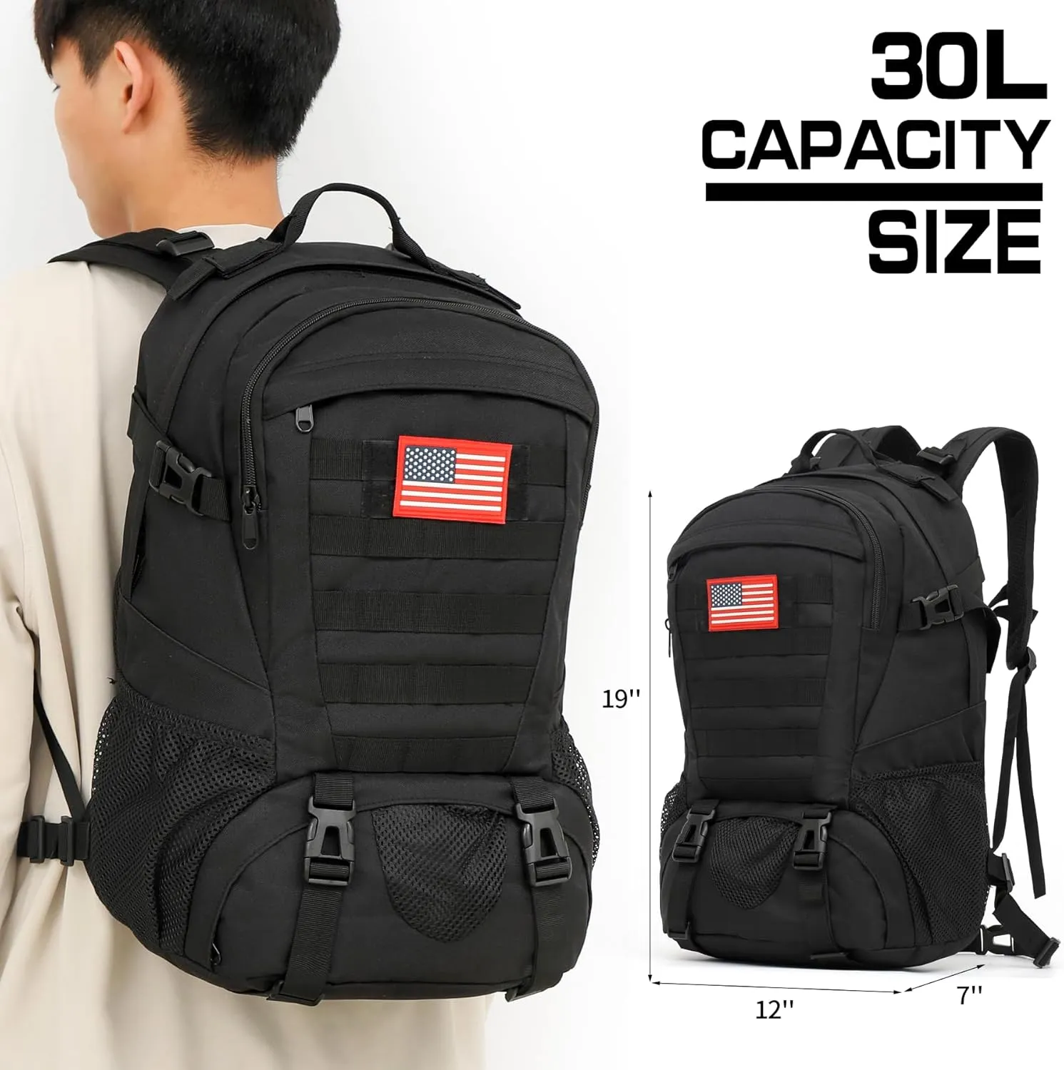 Camo Backpack,Military Tactical Backpack for Men with Flag Patch,30L School Backpack for Outdoor