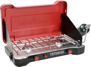 Camp Chef Teton 2X Cooking System - Two-Burner Compact Camp Stove - Lid Doubles as Windscreen - Portable Camping Cooking Stove with Matchless Ignition - For Outdoor Cooking - 317 Sq In Cooking Area