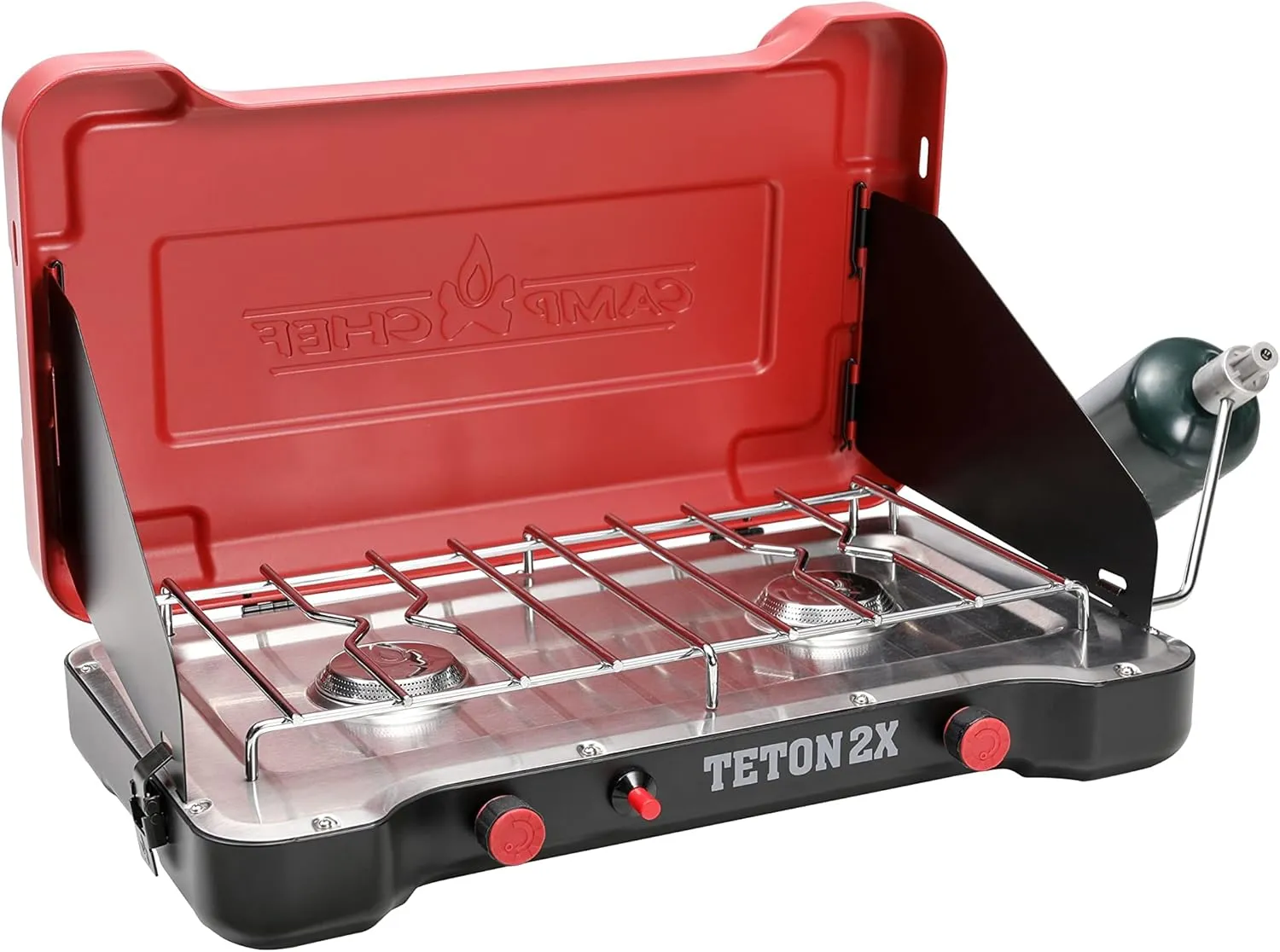 Camp Chef Teton 2X Cooking System - Two-Burner Compact Camp Stove - Lid Doubles as Windscreen - Portable Camping Cooking Stove with Matchless Ignition - For Outdoor Cooking - 317 Sq In Cooking Area
