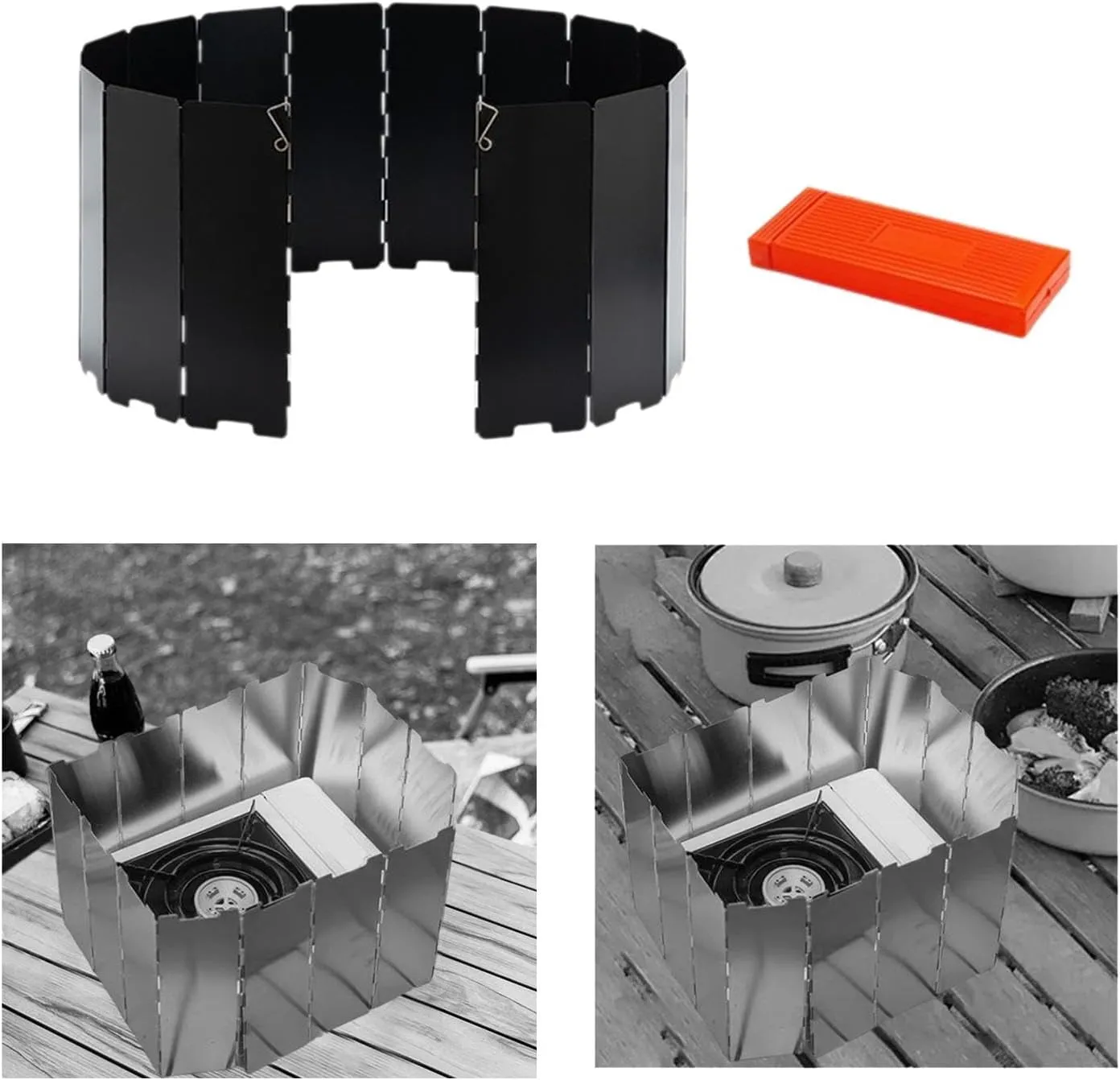 Camp Stove Windscreen Windshield Foldable with Carrying Bag 16 Plates Wind Protection Wind Shade for Hiking BBQ Picnic Cooker, Black