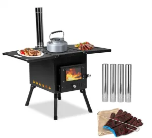 Camp Wood Stove, Outdoor Portable Portable Wood Burning Stove with Chimney Pipes & Gloves Tent Heaters Hot Tent Stove for Outdoor Heating & Cooking, Ice Fishing, Hunting, Black