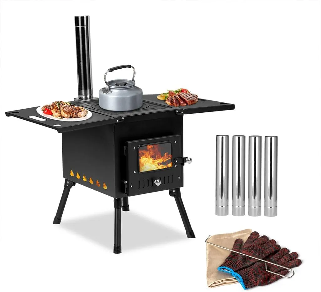 Camp Wood Stove, Outdoor Portable Portable Wood Burning Stove with Chimney Pipes & Gloves Tent Heaters Hot Tent Stove for Outdoor Heating & Cooking, Ice Fishing, Hunting, Black