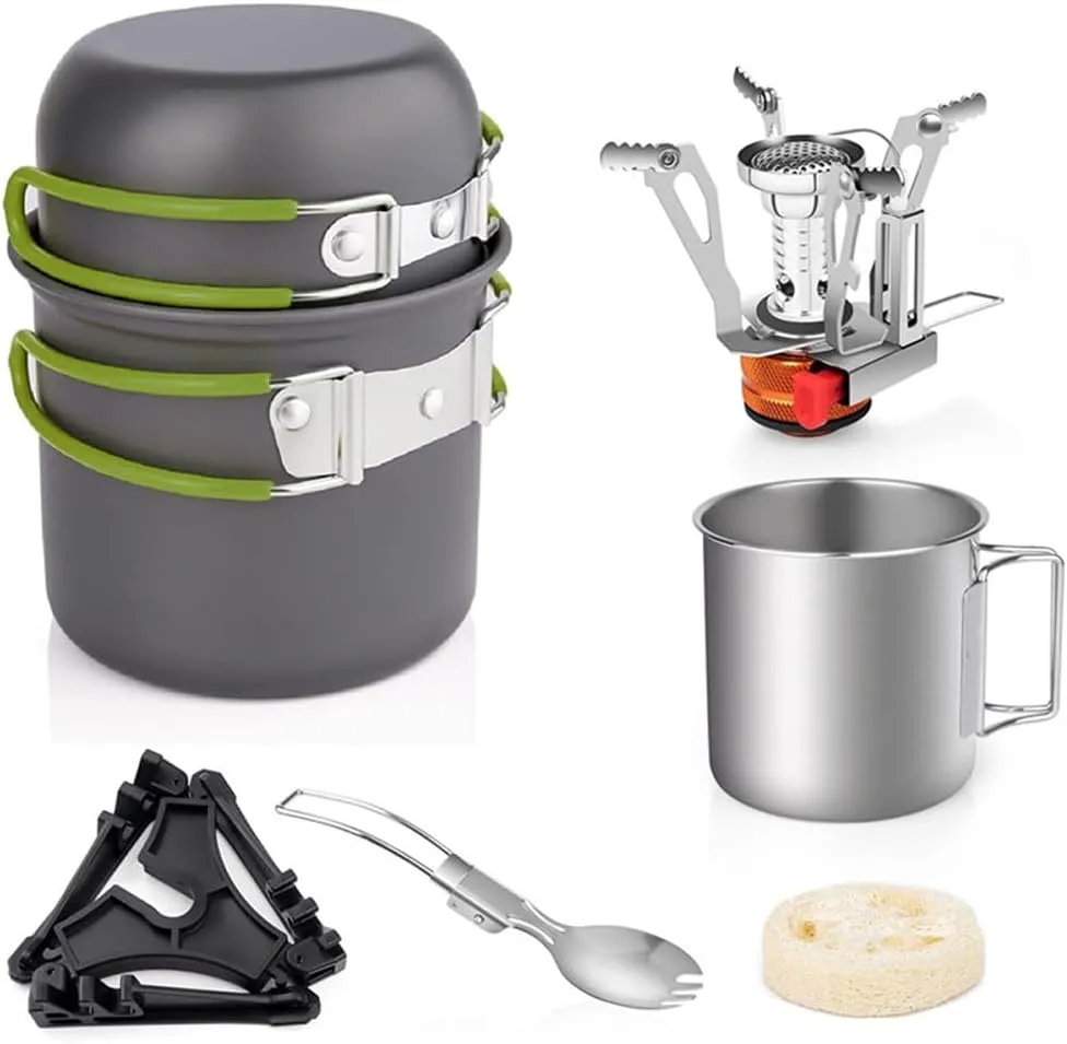 Camping Cookware Set with Folding Camping Stove Lightweight Pot Pan Set with Stainless Steel Cup & Fork Spoon for Outdoors Cooking Camping Hiking Picnic Backpacking,Cookware Mess Kit