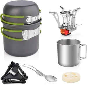 Camping Cookware Set with Folding Camping Stove Lightweight Pot Pan Set with Stainless Steel Cup & Fork Spoon for Outdoors Cooking Camping Hiking Picnic Backpacking,Cookware Mess Kit