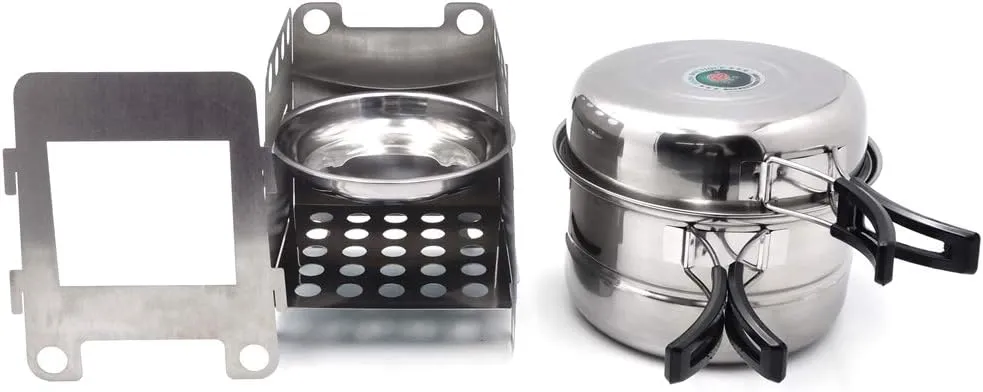Camping Cookware Wth Stove Set, Non-Stick Lightweight Stainless Steel Pot Pan Set For Camping, Backpacking, Tailgating, RVs,Outdoor Cooking and Picnic