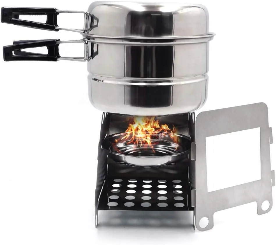 Camping Cookware Wth Stove Set, Non-Stick Lightweight Stainless Steel Pot Pan Set For Camping, Backpacking, Tailgating, RVs,Outdoor Cooking and Picnic
