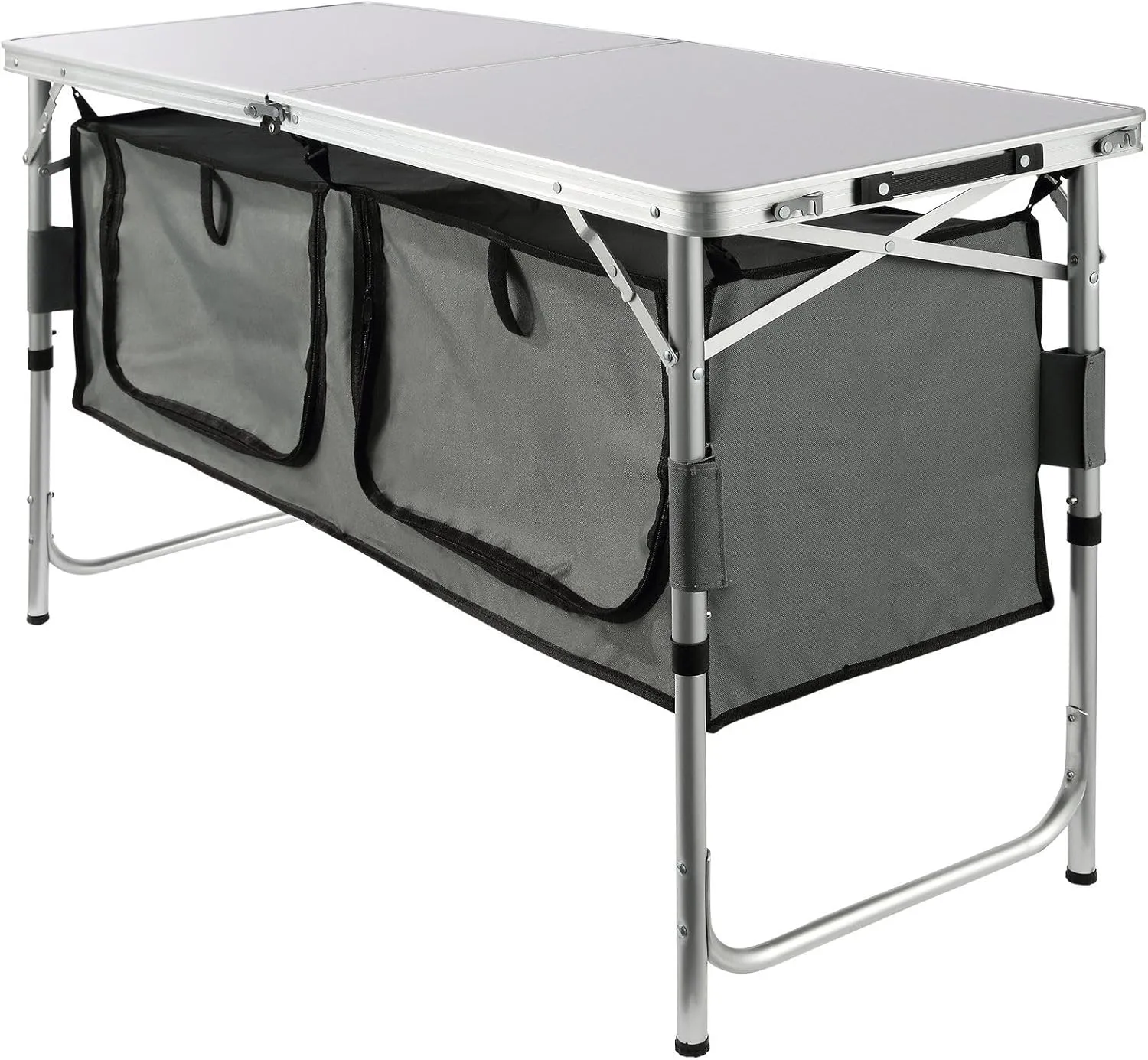 Camping Folding Aluminum Table with Storage Compartment, Camping Kitchen Table with 3 Adjustable Heights for Outdoor Picnics, BBQs, Camping, Silver