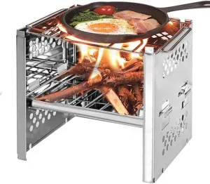 Camping Grill Stoves, Burning Stoves with Grill Grid Potable Folding Stainless Steel Compact Design Perfect for Outdoor Picnic, BBQ, Camping,Fishing and Much More,Chrome