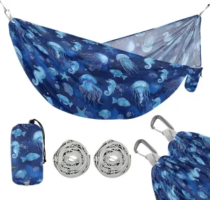 Camping Hammock Outdoor Hammocks for Outside Blue Marine Animals Watercolor Beach Trees Portable Lightweight with Pockets Tree Straps Indoor