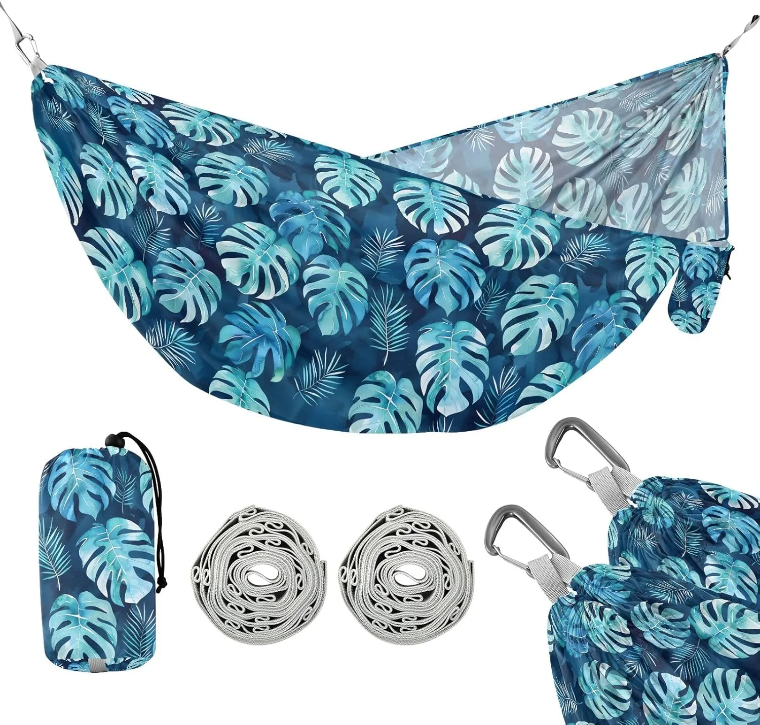 Camping Hammock Outdoor Hammocks for Outside Blue Monstera Beach Trees Portable Lightweight with Pockets Tree Straps Indoor