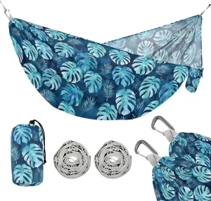 Camping Hammock Outdoor Hammocks for Outside Blue Monstera Beach Trees Portable Lightweight with Pockets Tree Straps Indoor
