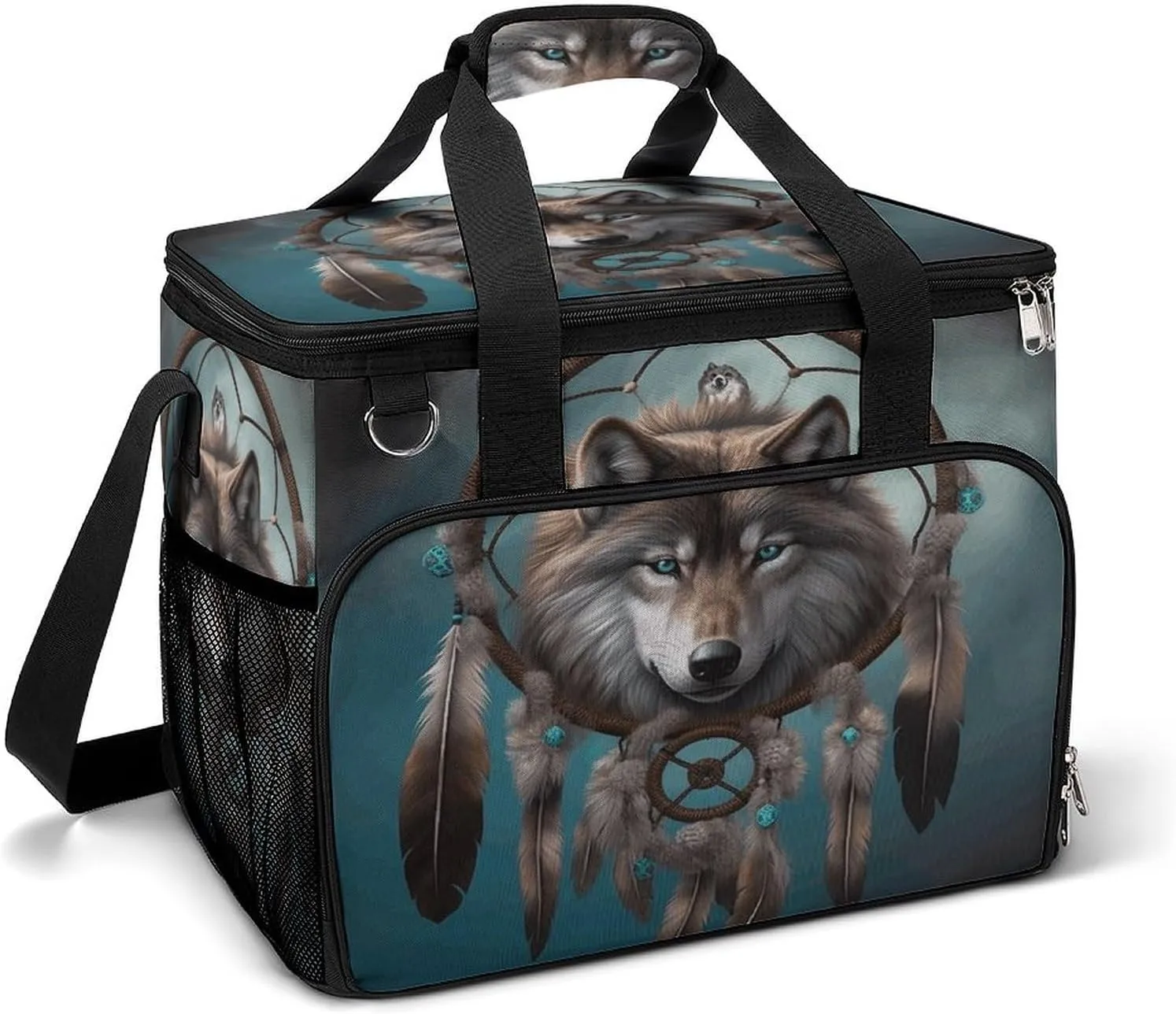 Camping Ice Pack, 3D Wolf Dream Catcher Print Insulated Cooler Bag Large Capacity Ice Pack Portable Camping Cooler Outdoor Picnic Cooler