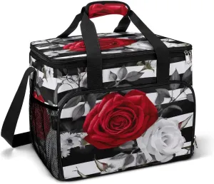 Camping Ice Pack, Black Stripes Red Rose Flowers Print Insulated Cooler Bag Large Capacity Ice Pack Portable Camping Cooler Outdoor Picnic Cooler, style