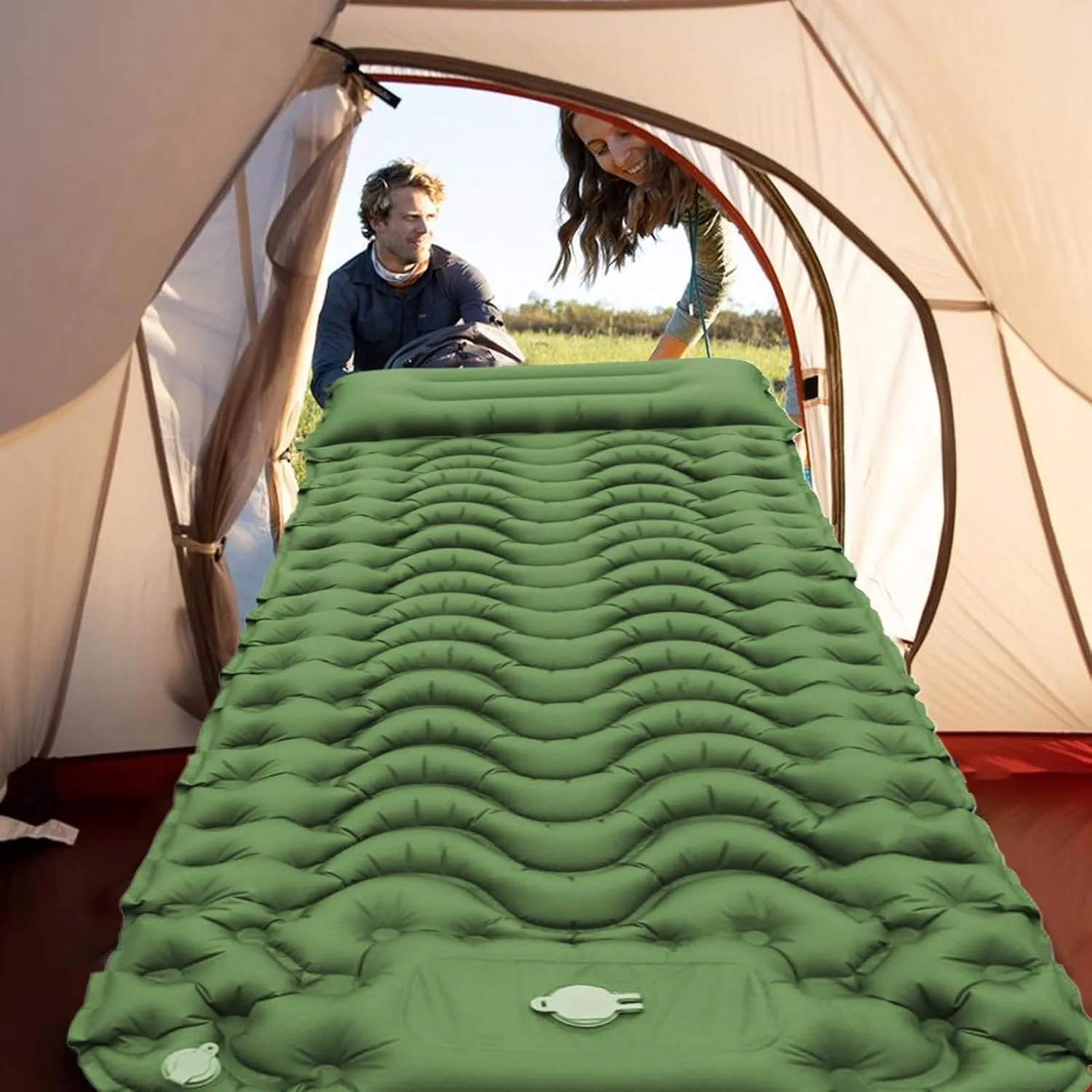 Camping Mattress - Compact Inflatable Air Bed | Foldable Portable Sleeping Pad | Lightweight Tent Mat | Built-in Foot Pump Travel Outdoor Hiking Fishing Gear for Backpacking Comfort Sleeping Supplies