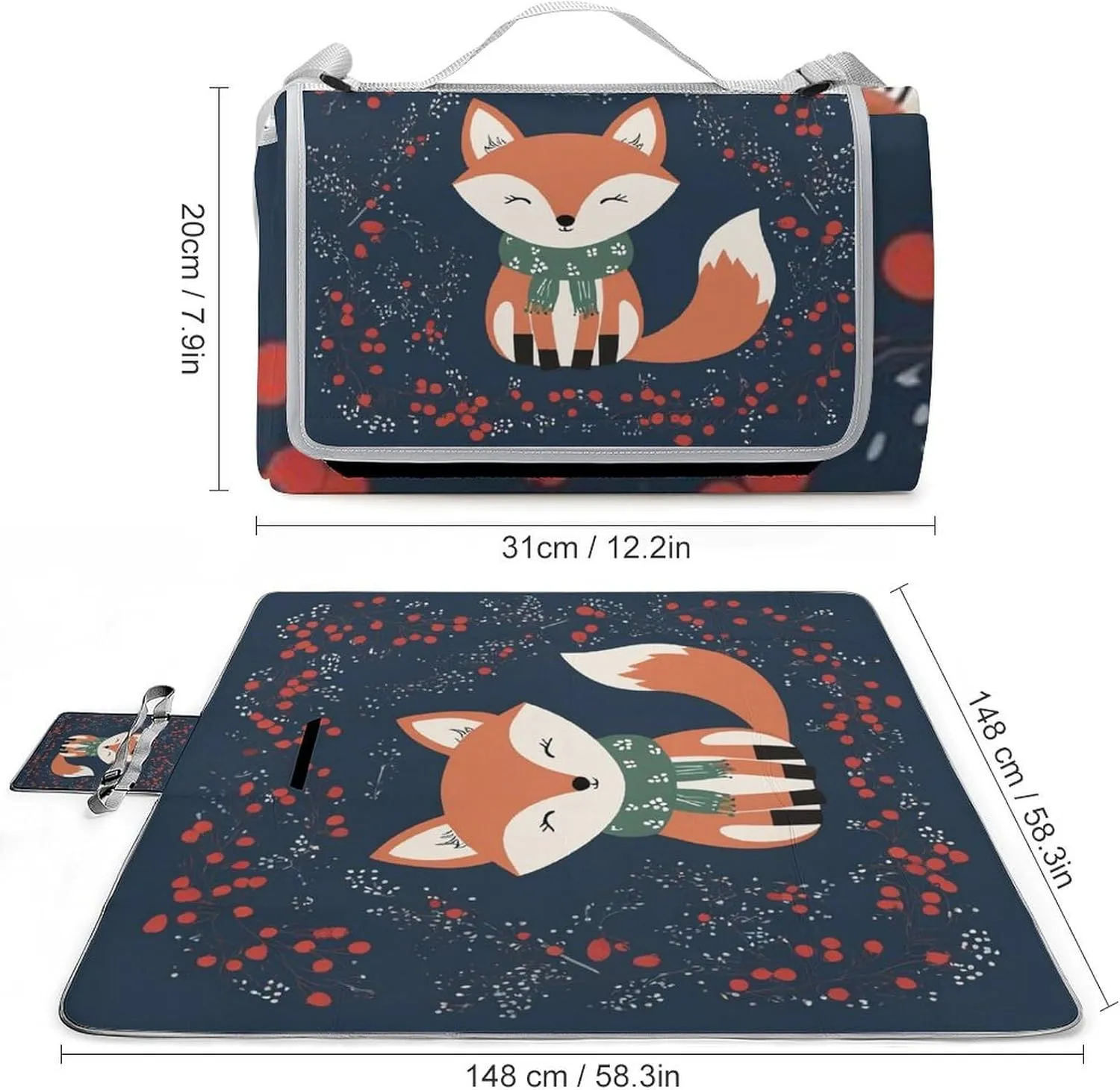 Camping Outdoor Foldable Blanket, Lightweight Cute Fox Art Picnic Mat for Park Travel Grass Beach Camping Accessories