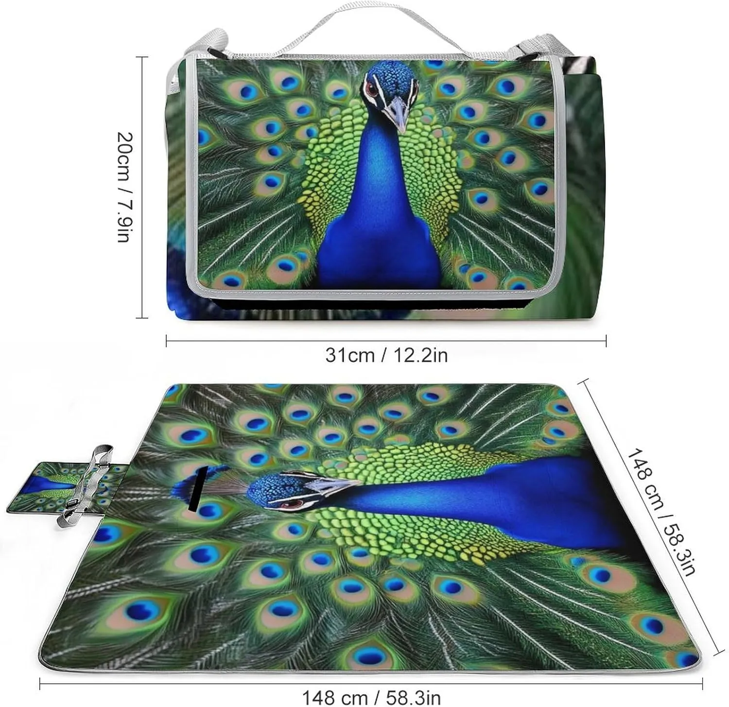 Camping Outdoor Foldable Blanket, Lightweight Peacock Feather Picnic Mat for Park Travel Grass Beach Camping Accessories