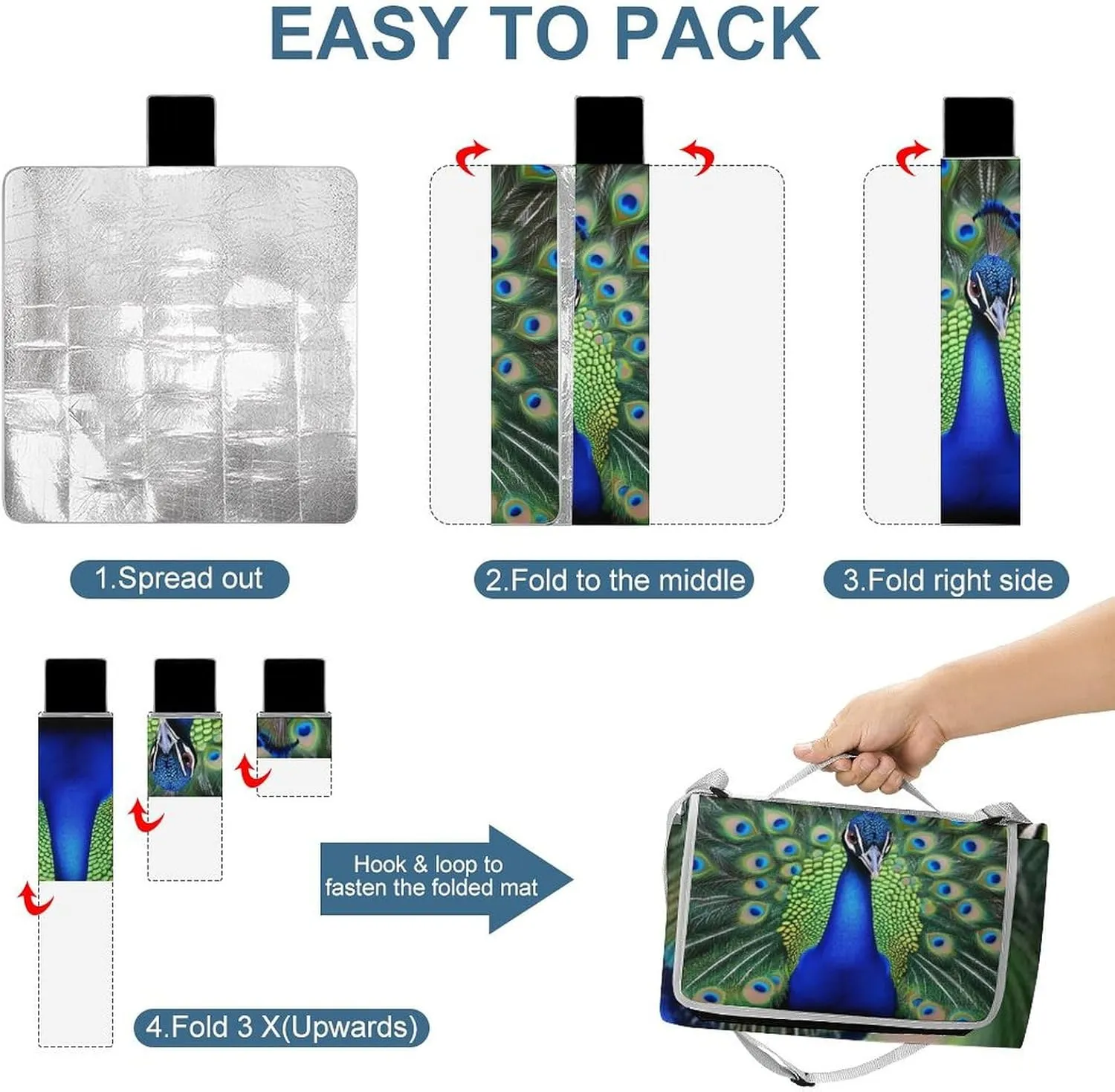 Camping Outdoor Foldable Blanket, Lightweight Peacock Feather Picnic Mat for Park Travel Grass Beach Camping Accessories