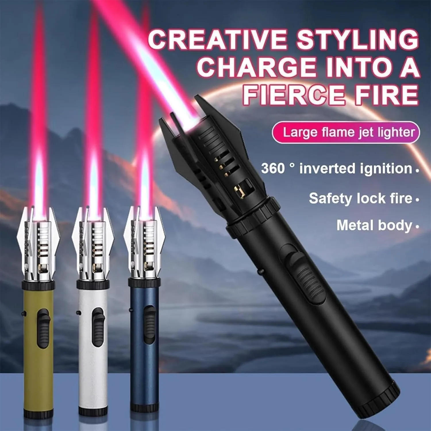 Camping Outdoor Windproof Straight Flame Lighter, 2025 New Lightsaber Torch, Repertoire Lighter for Campfire (Black Blue)