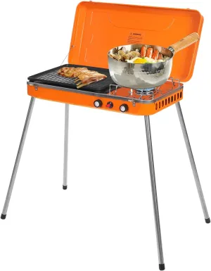Camping Stove 2-Burner Gas Stove Portable Gas Grill Cooker with Dual Control Knobs, Wind Shield, Leg Stand Outdoor Grill Stove for Camping BBQ Picnic